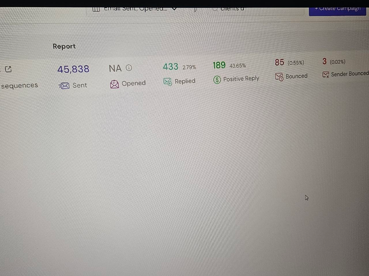 Original campaign report showing 45,838 sent, 433 replied and 189 positive replies